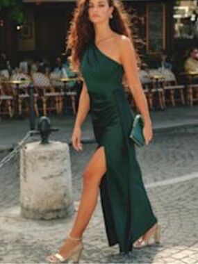 New Dreaming Elegance Emerald One-Shoulder Evening Gown Sz Small